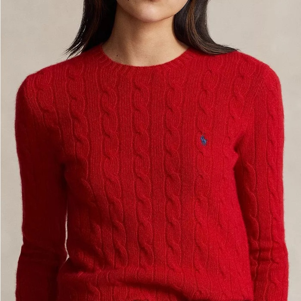 Ralph Lauren Red Wool/Cashmere Crew Neck Cable Knit Sweater